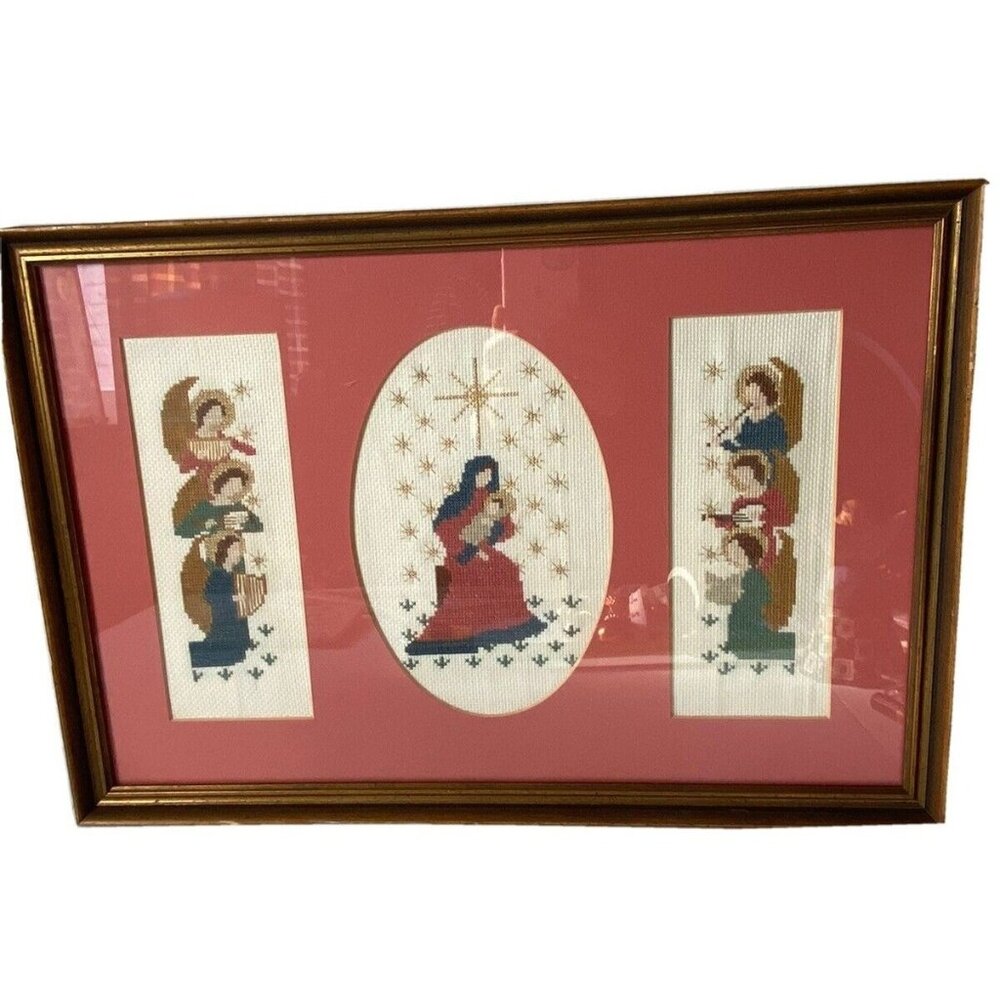 Framed Christmas crosstitch Nativity Glory Angels colorful religious holiday